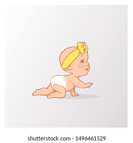 Cute little baby boy or girl in diaper lying on his stomach. Active baby  from 3 months to year learn to crawl, move on tummy. Baby massage. First year development milestones. Vector illustration.