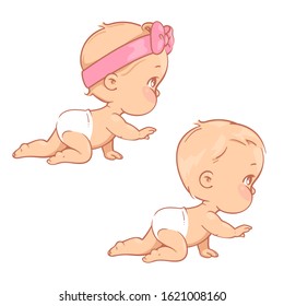 Cute Little Baby Boy And  Girl In Diaper Crawling. Active Baby From 3 Months To Year Learn To Crawl, Move On Tummy. Baby Massage. First Year Development Milestones. Vector Illustration.