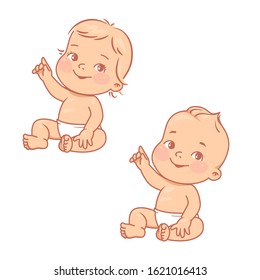 Cute little baby boy, girl in diaper sitting,  smiling,pointing with finger. Active curious baby of age from 3 months to year look up. Child wear diaper. Vector illustration.