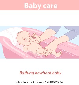 Cute little baby  boy or girl taking a bath. First baby bath for newborn. Mom keeps the child  in water. Baby health, development and hygiene  in first moths. Color vector illustration.