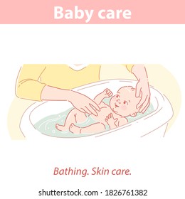 Cute little baby  boy or girl taking a bath. First baby bath for newborn. Mom keeps the child  in water. Baby health, development and hygiene  in first moths. Color vector illustration.