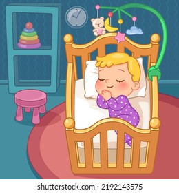 Cute little baby  boy or girl sleep in bed at night. Cradle with hanging mobile, in cosy room with furniture and toys. Location for casual  game. Color vector illustration.