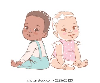 Cute little baby boy and a girl are sitting and smiling. Active baby 3-12 months in baby. First years baby development. Multicultural kids. Vector illustration in pastel colors.