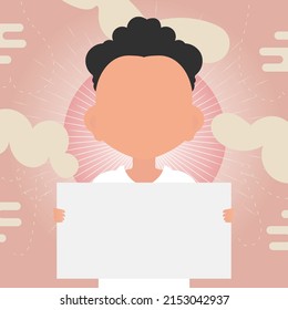 A cute little baby boy is holding a blank sheet of paper in his hands. Place for your logo, text or design. Vector illustration in cartoon style.