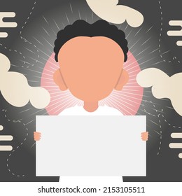 A cute little baby boy is holding a blank sheet of paper in his hands. Place for your logo, text or design. Cartoon style. Vector illustration.