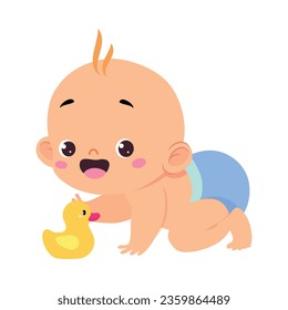 Cute Little Baby Boy or Infant in Blue Diaper Playing with Rubber Duck Vector Illustration