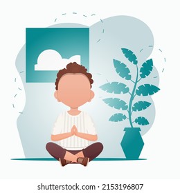 A cute little baby boy is meditating in the room. Healthy life concept. Cartoon style. Vector illustration.