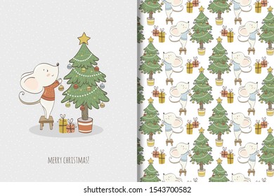 Cute little baby boy mouse character 
decorates a Christmas tree, under which gifts. Holiday card template and seamless background pattern. Hand drawn surface design vector illustration.