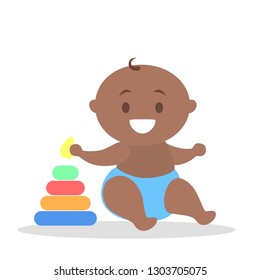 Cute little baby boy play with pyramid. Child with a colorful toy. Kid holding pyramid piece. Flat vector illustration