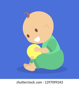 Cute little baby boy playing with a small ball. Funny kid with a toy. Happy child. Flat vector illustration