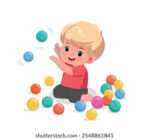 cute little baby boy playing with colorful balls