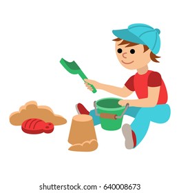 Cute little baby boy with playing in the sandbox. Toddler with toy bucket and shovel for sand. Cartoon vector illustration isolated on white background in flat style.