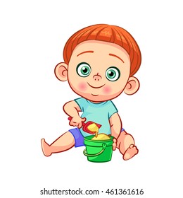 Cute little baby boy with red hair playing in the sandbox. Toddler with toy bucket and shovel for sand. Colorful cartoon vector illustration isolated on white background.