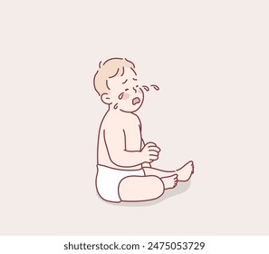 cute little baby boy show sad expression and cry. Hand drawn style vector design illustrations.