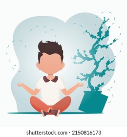 A cute little baby boy sits in the lotus position and does yoga in the room. Healthy life concept. Cartoon style. Vector illustration.