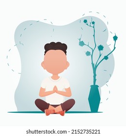A cute little baby boy sits in the lotus position and does yoga in the room. Healthy life concept. Vector illustration in cartoon style.