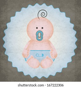 Cute little baby boy sitting with blue diaper and blue pacifier in his mouth