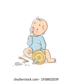 Cute little baby boy sitting on floor and making a mess with his food. Vector cartoon illustration