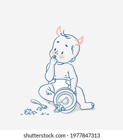 Cute little baby boy sitting on floor and making a mess with his food. Vector cartoon illustration