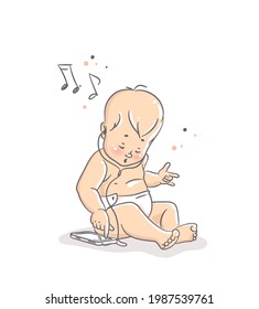 Cute little baby boy sitting on floor with smartphone and listening to music through earphones. Vector cartoon illustration