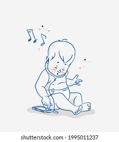 Un niño pequeño y lindo sentado en el piso con un smartphone y escuchando música a través de auriculares. Ilustración de dibujos animados