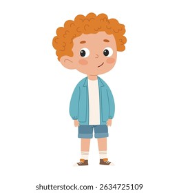 Menininho bonito de pé com um sorriso. Ilustração infantil sobre fundo branco