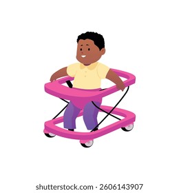 Cute little baby boy walking on baby walker. Vector flat illustration of first year of dark skin child activity. Cartoon cheerful infant development, toddler evolution isolated on white background