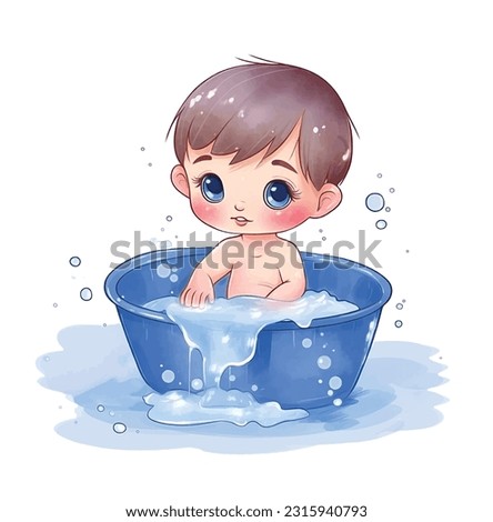 Cute little baby boy washing watercolor paint ilustration