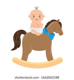 cute little baby boy in wooden horse toy vector illustration design