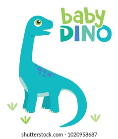 Cute Little Baby Brontosaurus Dinosaur with Baby Dino Text Isolated on White Background Vector Illustration 