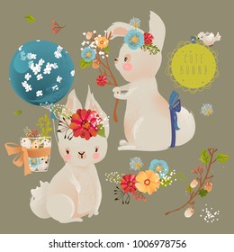 Cute little baby bunnies, rabbits with floral wreath, tied bows, balloons, bird, basket with eggs and forest branch with flowers