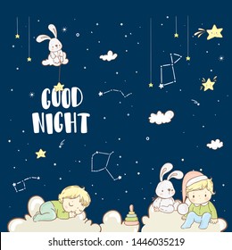 Cute little baby, bunny, clouds, star/ slumber party/ baby shower card/ good night collection