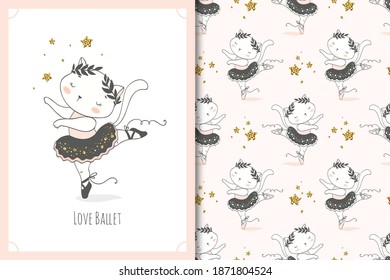 Cute little baby cat ballerina dancer character. Kitty card and seamless background pattern set. Hand drawn surface design vector illustration