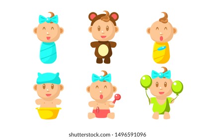 Cute Little Baby Character Set, Adorable Infant Baby Daily Routine Vector Illustration