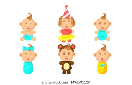 Cute Little Baby Character Set, Adorable Boy or Girl Daily Routine Vector Illustration