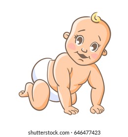 Cute little baby. Crawling baby. Colorful cartoon style vector illustration isolated on white background.
