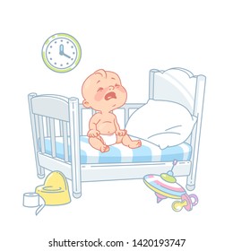 Cute Little Baby Crying In Bed. Sad Child In Diaper Don't Sleep. Sleep Problems. White Bed, Pillow And Sheets. Ill Baby Boy Or Girl With  Toys. Kid's Room. Color Vector Illustration.