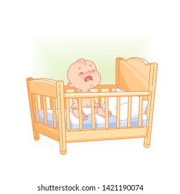 Cute Little Baby Crying In Bed. Sad Child In Diaper Don't Sleep. Sleep Problems. White Bed, Pillow And Sheets. Ill Baby Boy Or Girl With  Toys. Kid's Room. Color Vector Illustration.