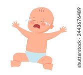 Cute little baby crying in flat design on white background.