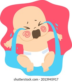 Cute little baby crying tears creating a sea of water