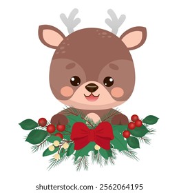 Cute little baby deer with garland of fir branches, mistletoe, holly and bow. Vector illustration for poster, greeting card and design for kids.