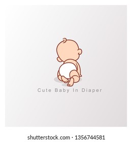 Cute little baby design  template. Happy baby girl or boy crawling  in diaper isolated. View from back. Design template. Vector color illustration.