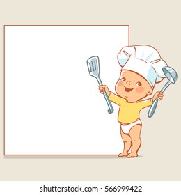 Cute little baby in diaper and chef's hat. Happy boy as cook holding spoon pointing at blank text frame. Vector baby design template isolated