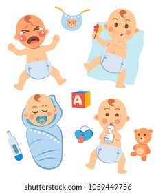 Cute little baby in diaper with different emotions set. Crying, sucks his thumb and plays, sleeping  in a diaper, drinking milk from a bottle. Bib, baby cube, thermometer, pacifier, toy bear