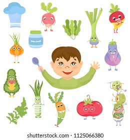 Cute little baby in diaper looking up. Curios child with finger in mouth choosing food. Healthy meal for children. Cartoon set with isolated  vegetables, meat, baby food. Kid's menu infographic.