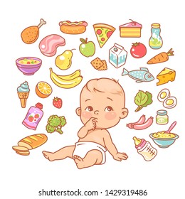 Cute Little Baby In Diaper Looking Up. Curios Child With Finger In Mouth Choosing Food.
Healthy Meal For Children. Cartoon Set With Isolated Fruits, Vegetables, Meat, Milk. Kid's Menu Infographic.