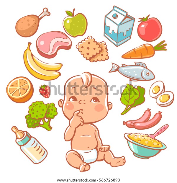 Cute little baby in diaper looking up.\
Curios child with finger in mouth choosing food.\
Healthy meal for\
children. Cartoon set with isolated fruits, vegetables, meat, milk.\
Kid\'s menu infographic.