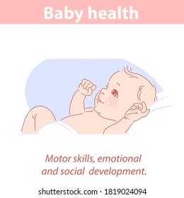 Cute little baby in diaper lying on back, smiling.  Emotional, social, physical development of baby in first months. Baby boy or girl of 1-6 months interact with parent   Color vector illustration.