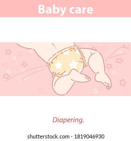 Cute little baby  in diaper lying on stomach. Baby boy or girl while diapering. Taking care of baby's butt.  Skin care and diapering. Health of baby on first months. Color vector illustration.