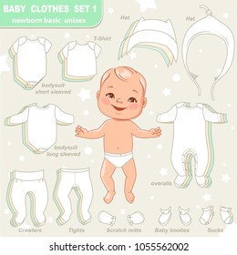 Cute little baby in diaper as paper doll. Vector set of basic  clothes for newborn isolated. Three unisex colors. Hat, t-shirt, overalls, romper, bodysuit, boots. Vector illustration.